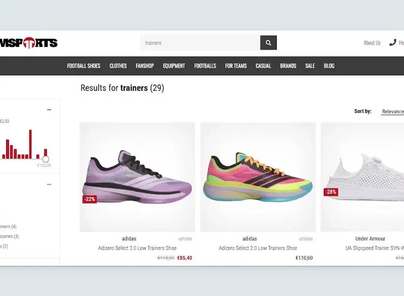 Search results for term trainers on 11teamsports' website.